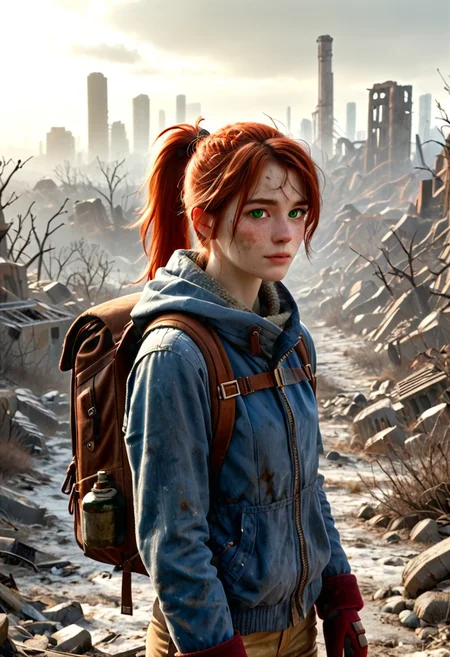 1girl, Masterpiece, 8k, ultra high detail, score_7 up, 
volumetric lighting, vivid colors, vibrant colors,  score_8_up, score_9,  small breast size, sporty red ponytail hair,  fcNeg, stunning green eyes, freckles, white skin, small nose, innocent beauty, slim face,  cute face, skinny body, perfect body, extreme detailed body, intence green eyes,  perfect face, ultra high detailed face, perfect eyes, petite, 
Cold, red dust everywhere, Wandering through ruins, 
Wasteland Tribal_Leather_Parka, fur lined, mittens, hood over head,  wasteland clothes, torn and used clothe, 
Dirty, dirty face, dirty skin, backpack filled with stuff,
  simple_big_brown_leather_backpack_full_with_stuff, 
Post Apocalyptic, big city Wasteland, skyscraper ruins,