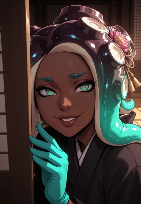 ultra realistic, masterpiece, high detailed skin, best quality, high res,  absurdres, amazing quality, photorealistic, 8K, flat color, 1girl, solo, marinaILlong hair,gloves,green eyes,parted lips,green hair,,dark skin,mole,aqua eyes,dark-skinned female,lips,aqua hair,colored skin,piercing,mole under mouth,tentacle hair,green skin,multicolored skin,suction cups,octarian,pink pupils,cephalopod eyes,blue fingers,marina (splatoon), partially covered in shadow, dark theme, hair ornament, kimono, old Japanese style room, face focus,  yakuza lady, close up, side view, unique angle, rays, daytime, SHSLG, 5parr0w5tyl3, cartoon, looking at viewer, smirk