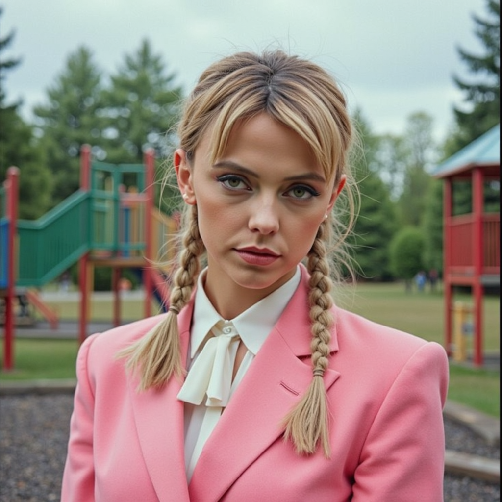 analog film photo watercolor painting ethereal fantasy concept art of  surrealist art analog photography, analog photo, a stunning woman in an eerie abandoned playground in the background, she's wearing a pink women's suit, braided hair, a white blouse and a pink headlace. A candid, close up shot <lora:Riley_Voelkel:1> rileyv . dreamlike, mysterious, provocative, symbolic, intricate, detailed, magnificent, celestial, ethereal, painterly, epic, majestic, magical, fantasy art, cover art, dreamy . vibrant, beautiful, painterly, detailed, textural, artistic, RAW candid cinema, 16mm, color graded portra 400 film, remarkable color, ultra realistic, textured skin, remarkable detailed pupils, realistic dull skin noise, visible skin detail, skin fuzz, dry skin, shot with cinematic camera . faded film, desaturated, 35mm photo, grainy, vignette, vintage, Kodachrome, Lomography, stained, highly detailed, found footage