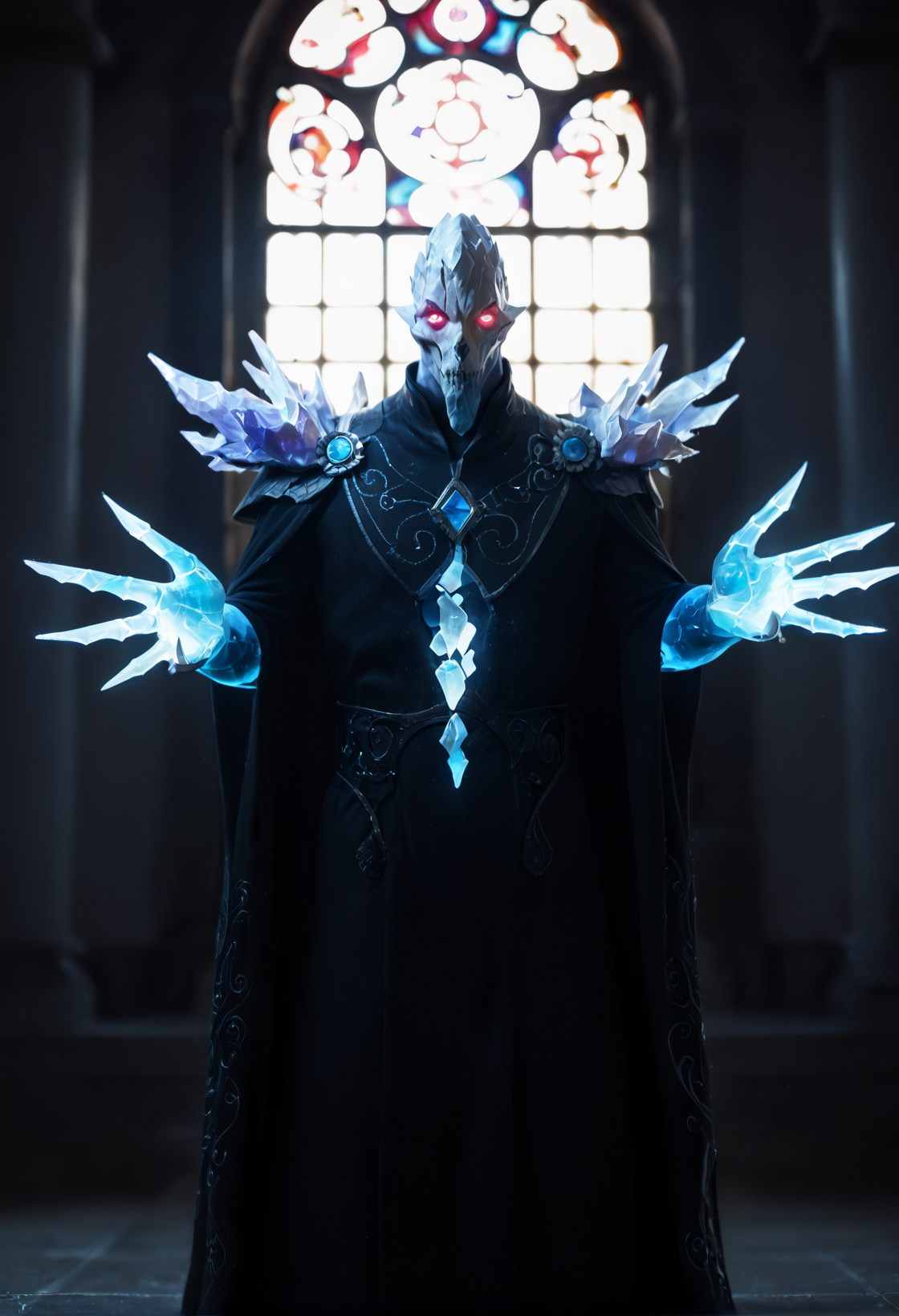 <lora:Ancient_Apparition_V2:1> ancient_apparition_v2, no humans, pokemon (creature), ice, glowing, floating, claws, monster, red eyes, glowing eyes, crystal, spikes, score_9, score_8_up, score_7_up, score_6_up, derpibooru_p_95,
detailed eyes, beautiful, detailed background, perfect eyes,
blur censor, blurry, blurry background, blurry foreground, bokeh, motion blur,
chromatic aberration, depth of field, figure, focused,  focus
photography, realistic sun light and shadows, photorealism, UHD --ar 9:16 --style raw --stylize 700,
solo,
elegant, gorgeous, intricate design, dramatic lighting, dramatic angle, window, palace courtyard,,  No expression,outstretched arms,  standing