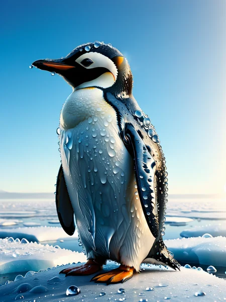 ais-waterdrops penguin, standing in the frozen tundra, blue sky, bright sunshine, refracted light <lora:Waterdrops_Style_SDXL:1>