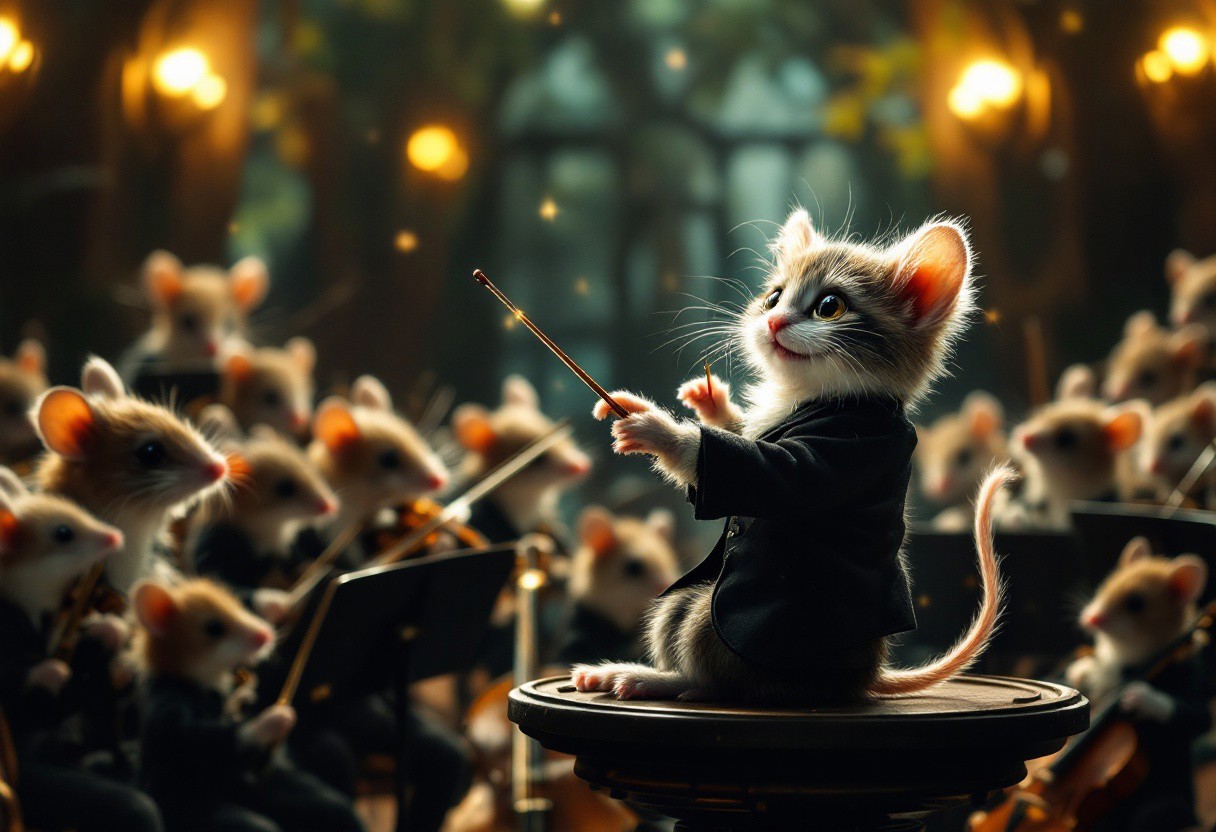 orchestra of funny mouses as musicians with instruments is led by a conductor who is cute baby smiling kitten at the forest concert hall, ultra-sharp, chiaroscuro lighting