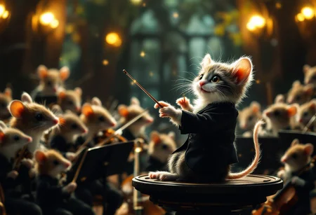 orchestra of funny mouses as musicians with instruments is led by a conductor who is cute baby smiling kitten at the forest concert hall, ultra-sharp, chiaroscuro lighting