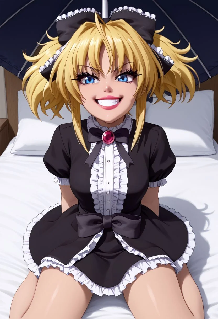 Masterpiece, best quality, high quality, highres, 4k, detailed face, detailed_eye_model, Expressiveh, mittelt, blonde hair, blue eyes, narrowed eyes, messy hair, bangs, ahoge, short twintails, medium hair, sidelocks, fang, hair bow, gothic, medium breasts, ahoge, shortstack, smile, smug, shiny lips, lipgloss, gyaru, bmbplora, long eyelashes, gothic dress, frilled dress, parasol,