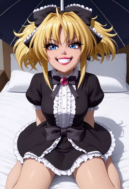 Masterpiece, best quality, high quality, highres, 4k, detailed face, detailed_eye_model, Expressiveh, mittelt, blonde hair, blue eyes, narrowed eyes, messy hair, bangs, ahoge, short twintails, medium hair, sidelocks, fang, hair bow, gothic, medium breasts, ahoge, shortstack, smile, smug, shiny lips, lipgloss, gyaru, bmbplora, long eyelashes, gothic dress, frilled dress, parasol,