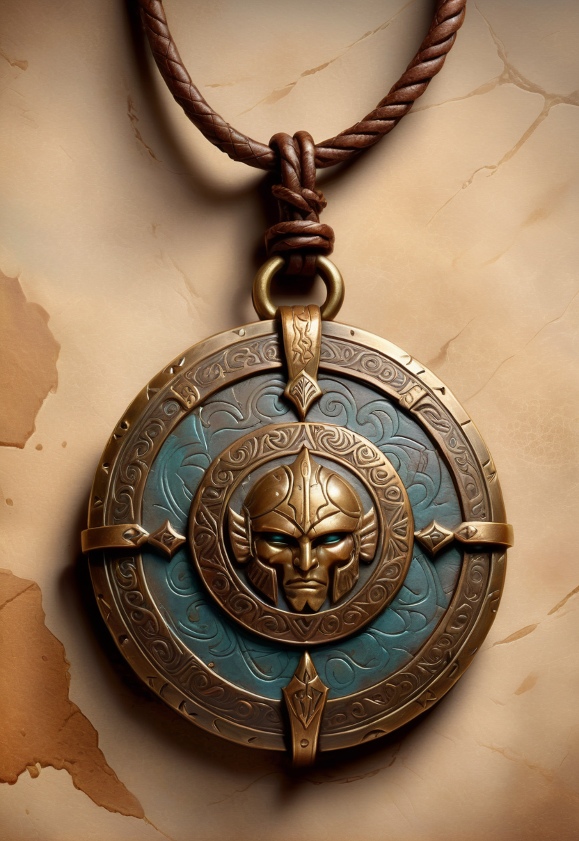High quality fantasy artifact concept art, simple background, Warrior's Amulet, ancient bronze, engraved with battles of yore, worn leather cord, 8k