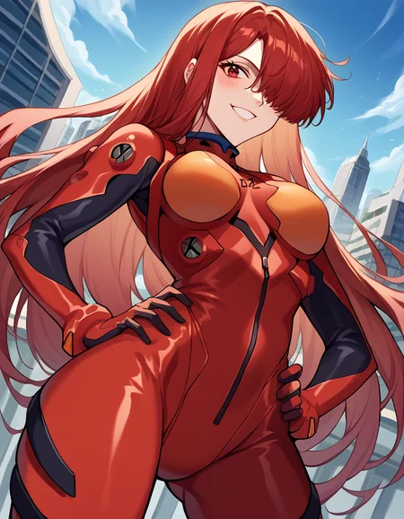 score_9, score_8_up, score_7_up, source_anime, <lora:fgo-oda-nobunaga-maou-ponyxl-lora-nochekaiser:1>, oda nobunaga maou, hair over one eye, long hair, red eyes, red hair, large breasts,, <lora:souryuu-asuka-langley-cosplay-ponyxl-lora-nochekaiser:1>, souryuuasukalangleycosplay, souryuu asuka langley (cosplay), bodysuit, pilot suit, plugsuit, red bodysuit, interface headset,, cityscape, smile, blush, hands on hips,, , cowboy shot, dutch angle