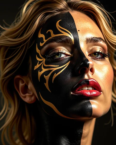 High fashion photography of a woman showcasing an elaborate body paint design. The skin should be painted in segments of black, gold, and black, with patterns that mimic flowing lines and dots. The face features an asymmetrical mask-like effect, with one eye highlighted in gold and the other in black, complemented by matching eye shadow. The lips are a vibrant red, contrasting with the face paint. The figure's blonde hair is tousled, enhancing the fantastical element. The image should blend the precision of hyperrealism with the creativity of fantasy dragon body art.
