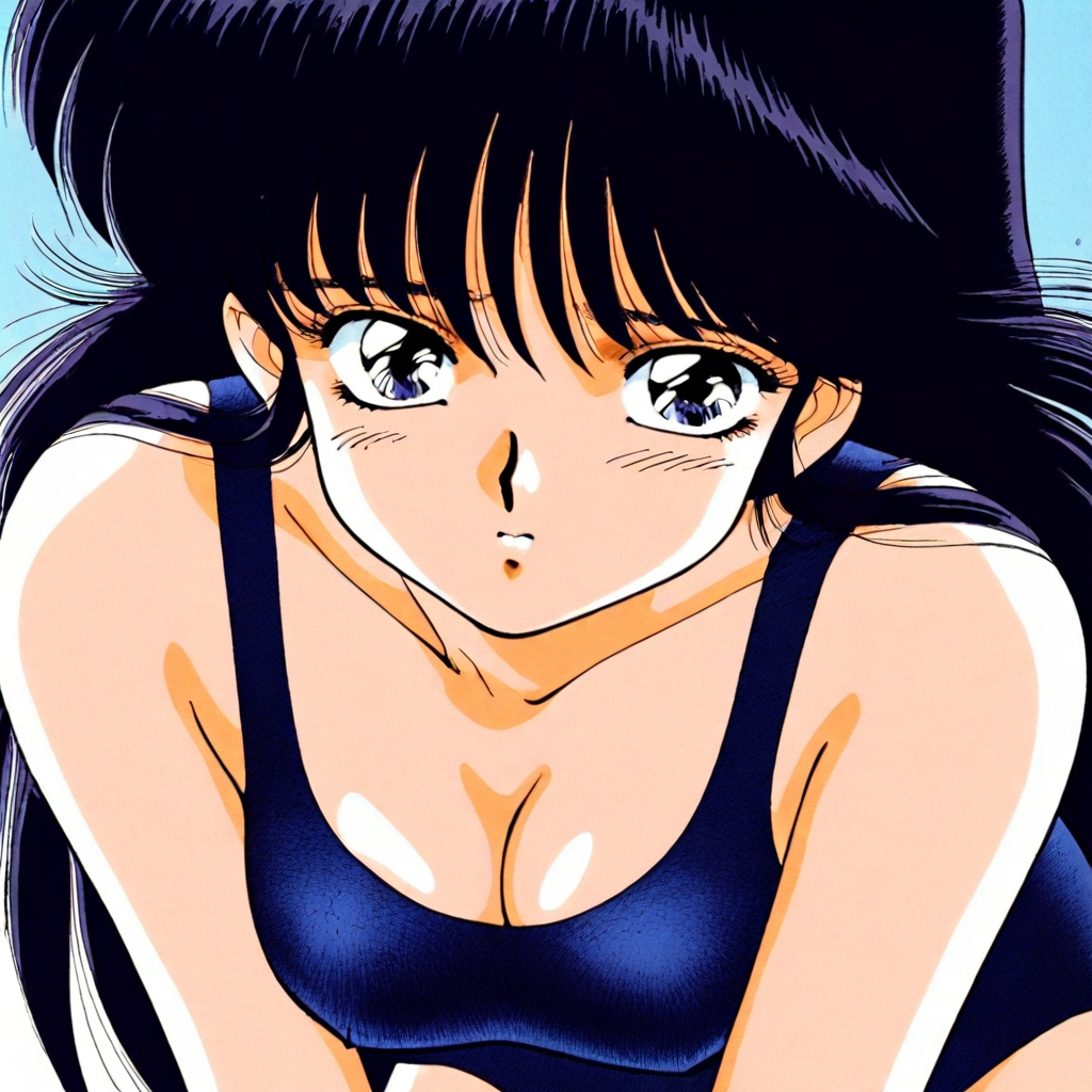 mkd_manga, 1girl, long hair, solo, black hair, dark blue school swimsuit, sukumizu, beautiful face, shy, cleavage, bend over, retro artstyle,  close-up shot, look at viewer, facing viewer