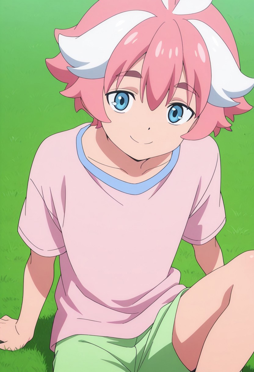masterpiece,best quality,amazing quality, source_anime,
ItsukiMitsutagawa, 1boy, male focus, solo, blue eyes, multicolored hair, pink hair, white hair, t-shirt, pink shirt, green shorts, sitting, outdoor, grass, knee up, smile,