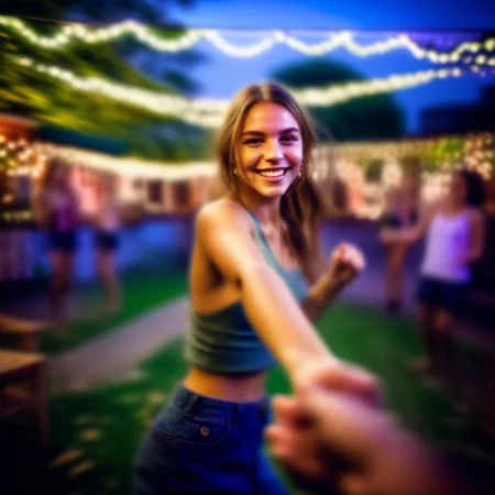 povdanc girl in garden holding hands in nigcht club bokeh background in motion<lora:povdanc:1>