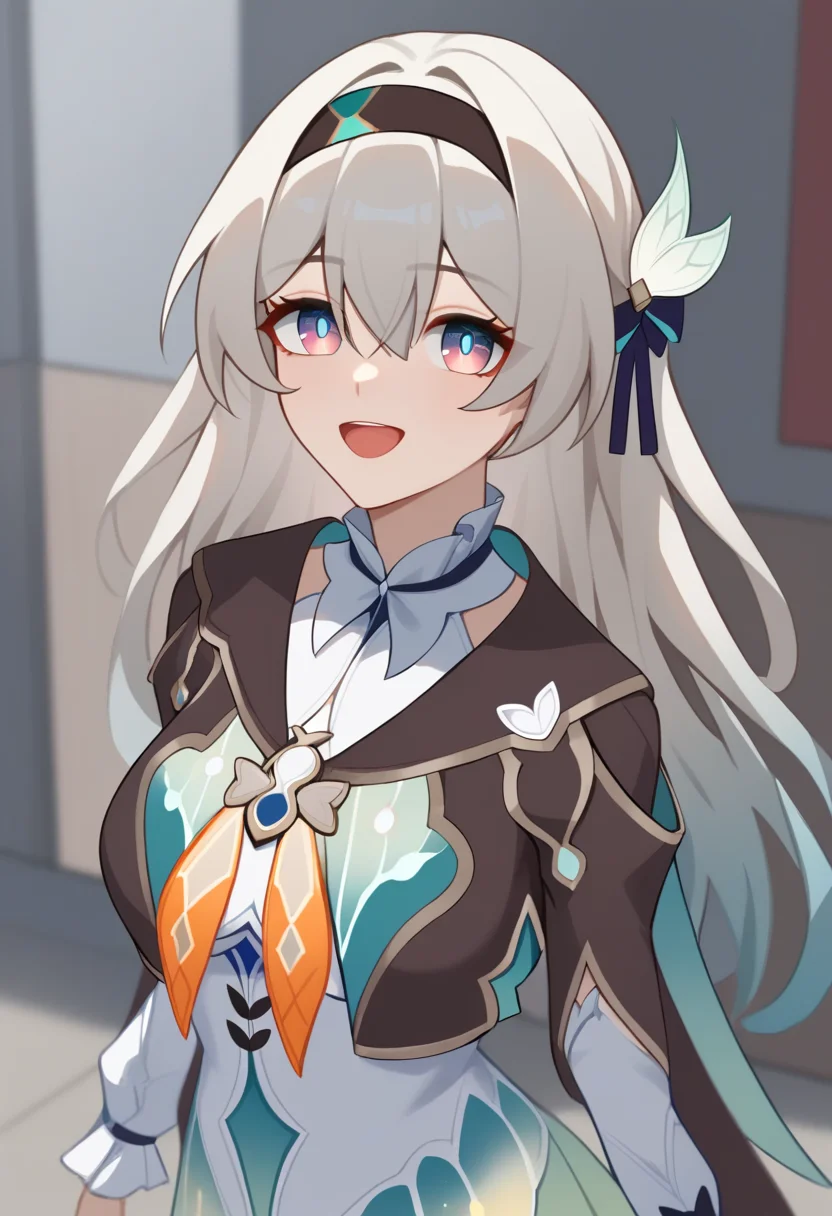 score_9,score_8_up,score_7_up,<lora:firefly_pony_v2:1>,1girl, black_hairband, black_ribbon, brown_jacket, brown_sailor_collar, commentary, cowboy_shot, cropped_jacket, firefly_\(honkai:_star_rail\), gold_trim, hair_ribbon, highres, large_breasts, long_sleeves, looking_up, open_mouth, sidelocks, smile, solo, very_long_hair, white_dress, white_hair