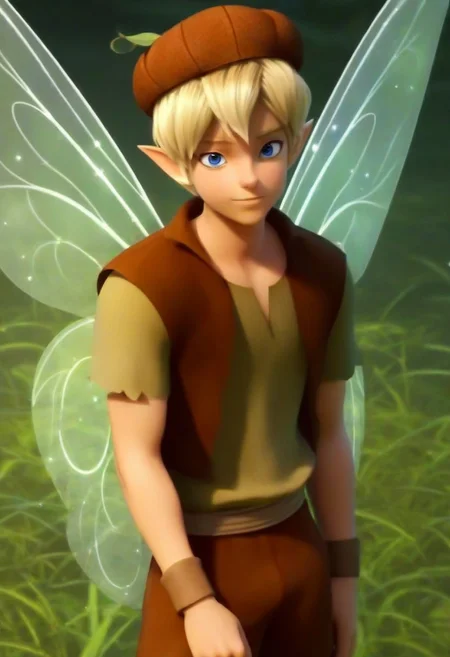 ((masterpiece)), ((best quality)), ((ultra-detailed)), ((absurdres)), score_9_up, score_8_up, score_7_up,
HD, top quality, best quality, amazing quality, High-quality illustrations, anime screencap, source_anime, best aesthetic, perfect proportions, perfect eyes, 1boy, 1male, solo boy, solo male, male focus, solo male focus, cartoon, boy, male cartoon character, cartoon boy, handsome, sexy, cute, charming, ((looking at front, looking at viewer)), ((tall body, tall height)), ((lean body)), Terence, blonde hair, acorn hat, blue eyes, ((big eyes)), elf ears, green tunic, short sleeves, brown vest, wristbands, brown pants, light brown elf shoes, fairy wings, updn, easynegative, Expressiveh, masterpiece, best quality, very aesthetic, absurdres