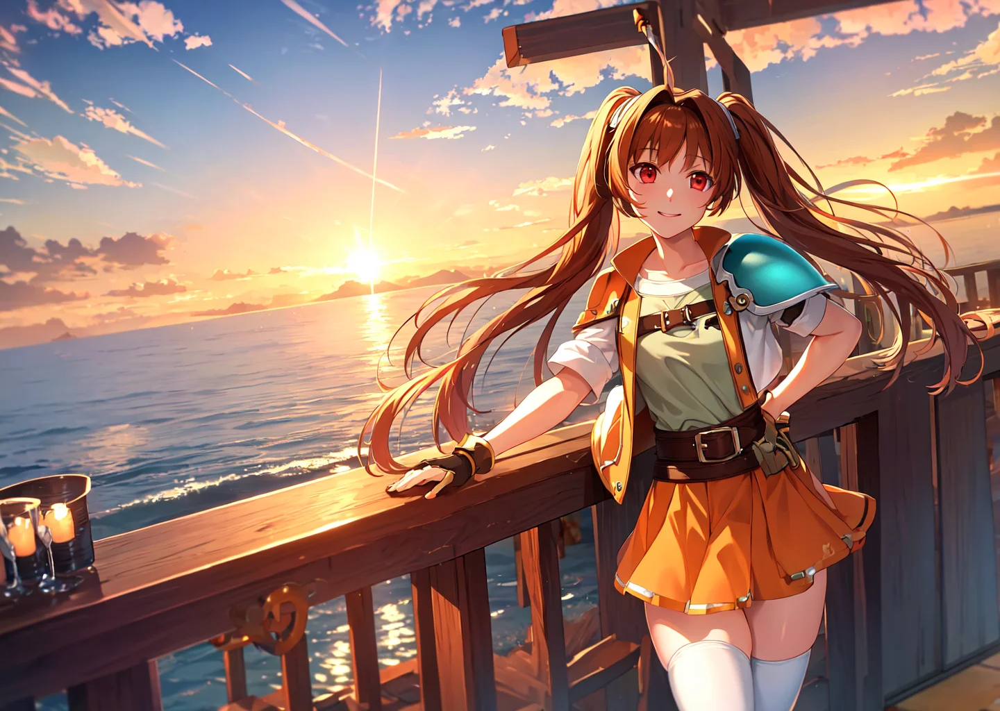 masterpiece, ultra high quality cg, perfect image, estelle, shoulder armor, short jacket, belt, orange skirt, white thighhighs, fishing rod, red eyes, sunset, blue sky, pier, side view <lora:estelleBrightTrailsIn_v1:0.9>