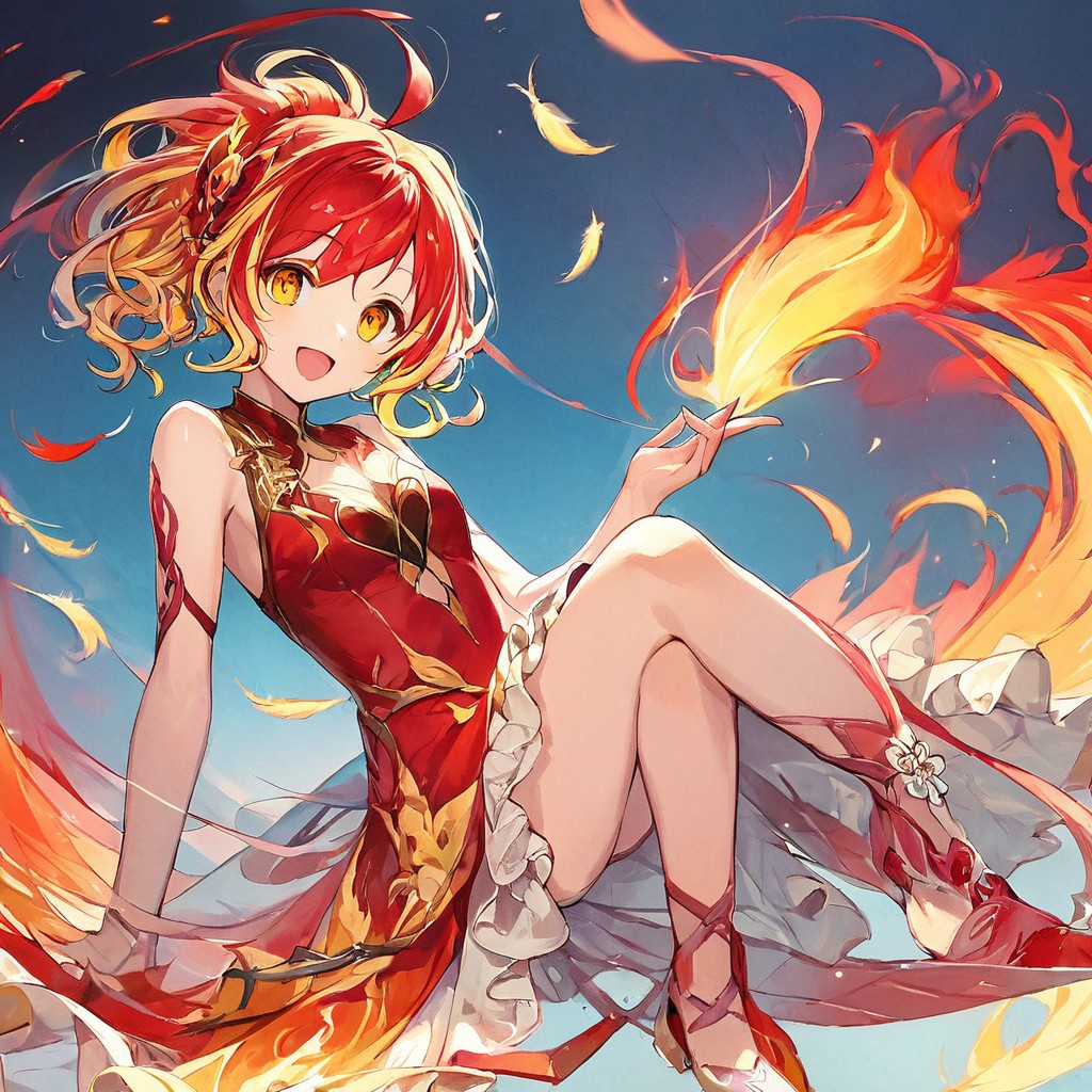 score_9,score_8_up,score_7_up,score_9,score_8_up,score_8,ultra detailed, beautiful face, highres,
BREAK, 1girl, solo, kamiya yuu, no game no life, official art, 
gradient hair, multicolored hair, multicolored eyes,
(red hair:1.3), curly hair, yellow hair ends, yellow highlights, phoenix girl, red eyes, yellow eyes, gradient eyes, red dress, bare shoulders, straps, slight cleavage,
happy, looking at viewer, giddy, smile, open mouth,
jyojifuku, dress, phoenix dress, fire element, composed of fire elements, feathers, burning feathers in air,
