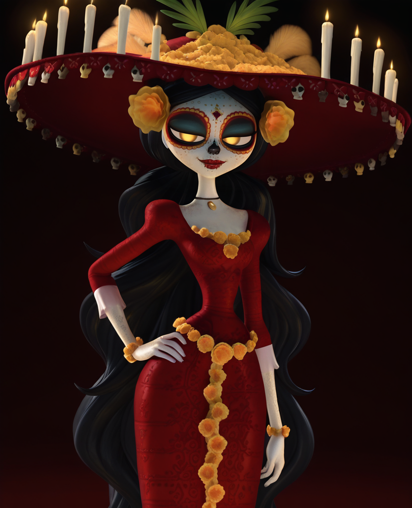 highres, absurdres, 3d,  <lora:La_Muerte_IILUS:1>, lm1, 1girl, hat, glowing eyes, yellow eyes, red dress, bracelet, choker, facepaint, black hair, long hair, long sleeves, hair ornament, pale skin, black nose, red lips, no pupils, makeup, hand on hip, looking at viewer, light smile, half-closed eyes,