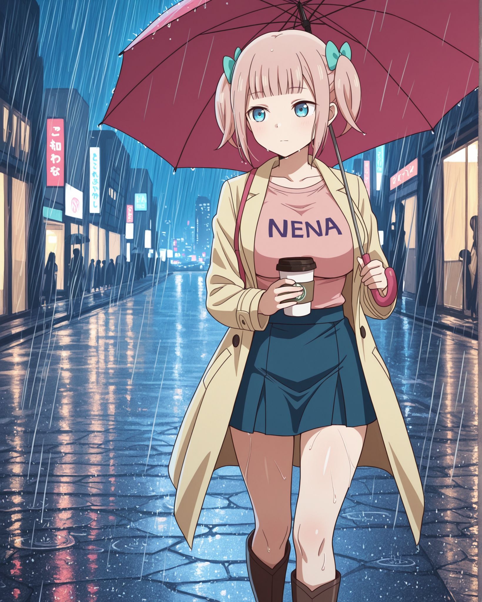 masterpiece, best quality, 1girl, solo, fujiwara_moeha, blue eyes, short hair, pink hair, blunt bangs, twintails, bikini, hair bow, :|, large breasts, <lora:Fujiwara_Moeha_Kaguya-sama_Love_Is_War_Illustrious:1>, wet, raining, holding umbrella, outdoors, street, night, city, walking, looking afar, coat, holding disposable coffee cup, skirt, knee knee boots, clothes writing, pink top,