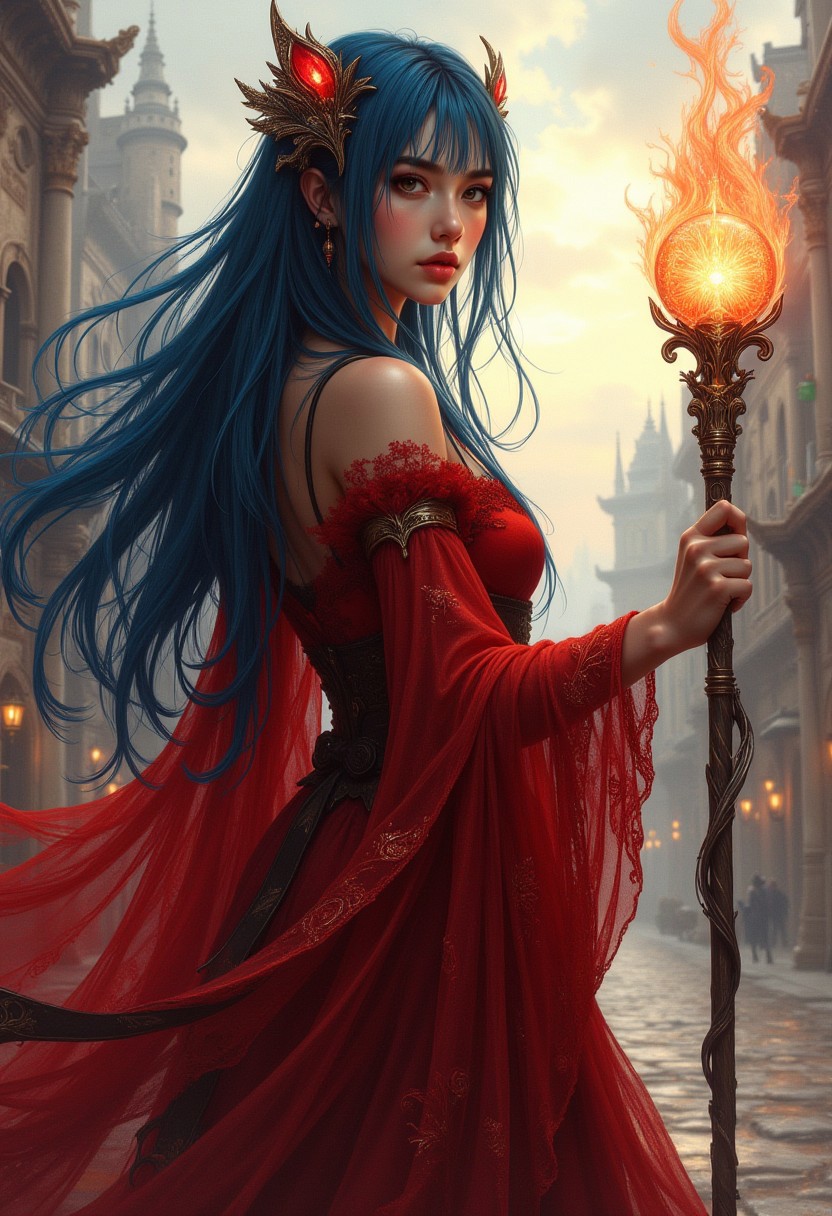 A high-quality digital artwork in the style of pinkdarkcanvas,, masterpiece, best quality, good quality, very aesthetic, absurdres, newest, 8K, depth of field, focused subject,  BREAK asian young sorceress, vivid blue hair, circlet, bangs, sidelocks, gauzy, filmy red mage robes adorned with arcane symbols, holding mage staff (with glowing orb), casting spell, ancient fantasy city, standing in dynamic pose, golden hour, directional lighting, vibrant colours, dutch angle