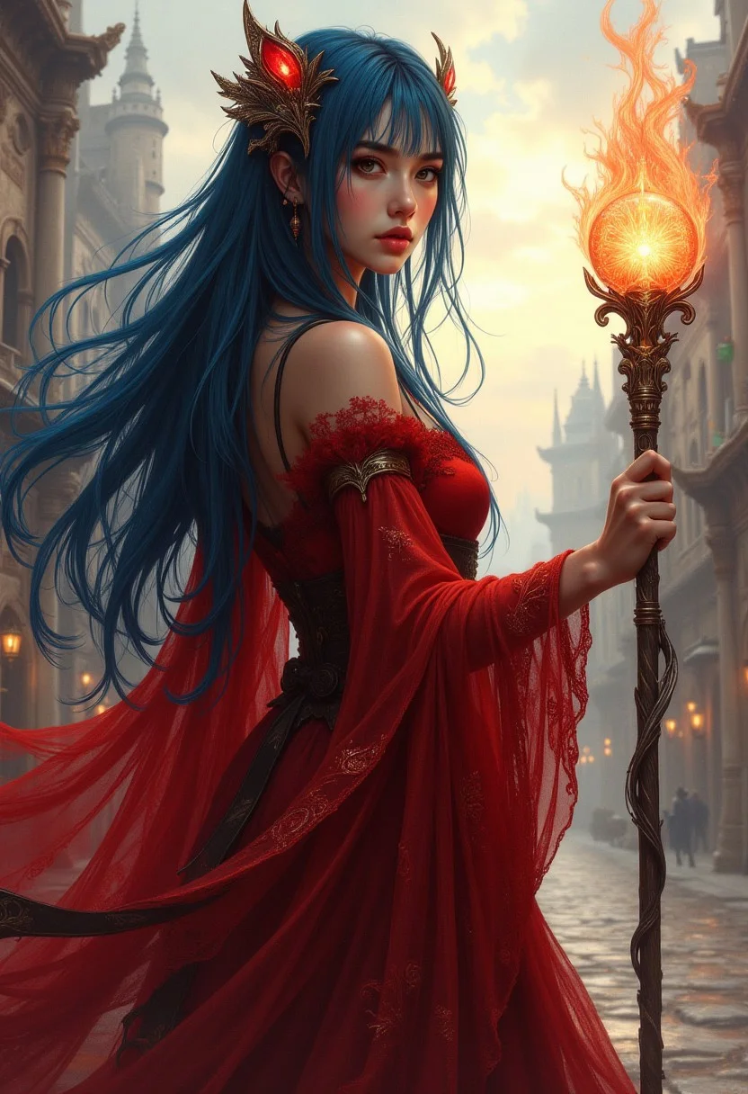 A high-quality digital artwork in the style of pinkdarkcanvas,, masterpiece, best quality, good quality, very aesthetic, absurdres, newest, 8K, depth of field, focused subject, BREAK asian young sorceress, vivid blue hair, circlet, bangs, sidelocks, gauzy, filmy red mage robes adorned with arcane symbols, holding mage staff (with glowing orb), casting spell, ancient fantasy city, standing in dynamic pose, golden hour, directional lighting, vibrant colours, dutch angle