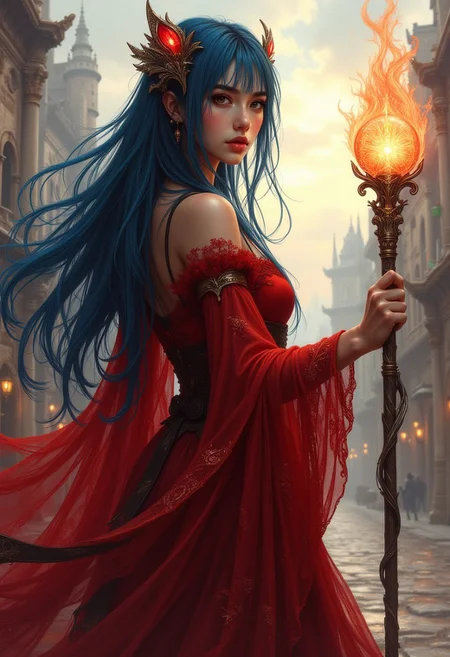 A high-quality digital artwork in the style of pinkdarkcanvas,, masterpiece, best quality, good quality, very aesthetic, absurdres, newest, 8K, depth of field, focused subject, BREAK asian young sorceress, vivid blue hair, circlet, bangs, sidelocks, gauzy, filmy red mage robes adorned with arcane symbols, holding mage staff (with glowing orb), casting spell, ancient fantasy city, standing in dynamic pose, golden hour, directional lighting, vibrant colours, dutch angle