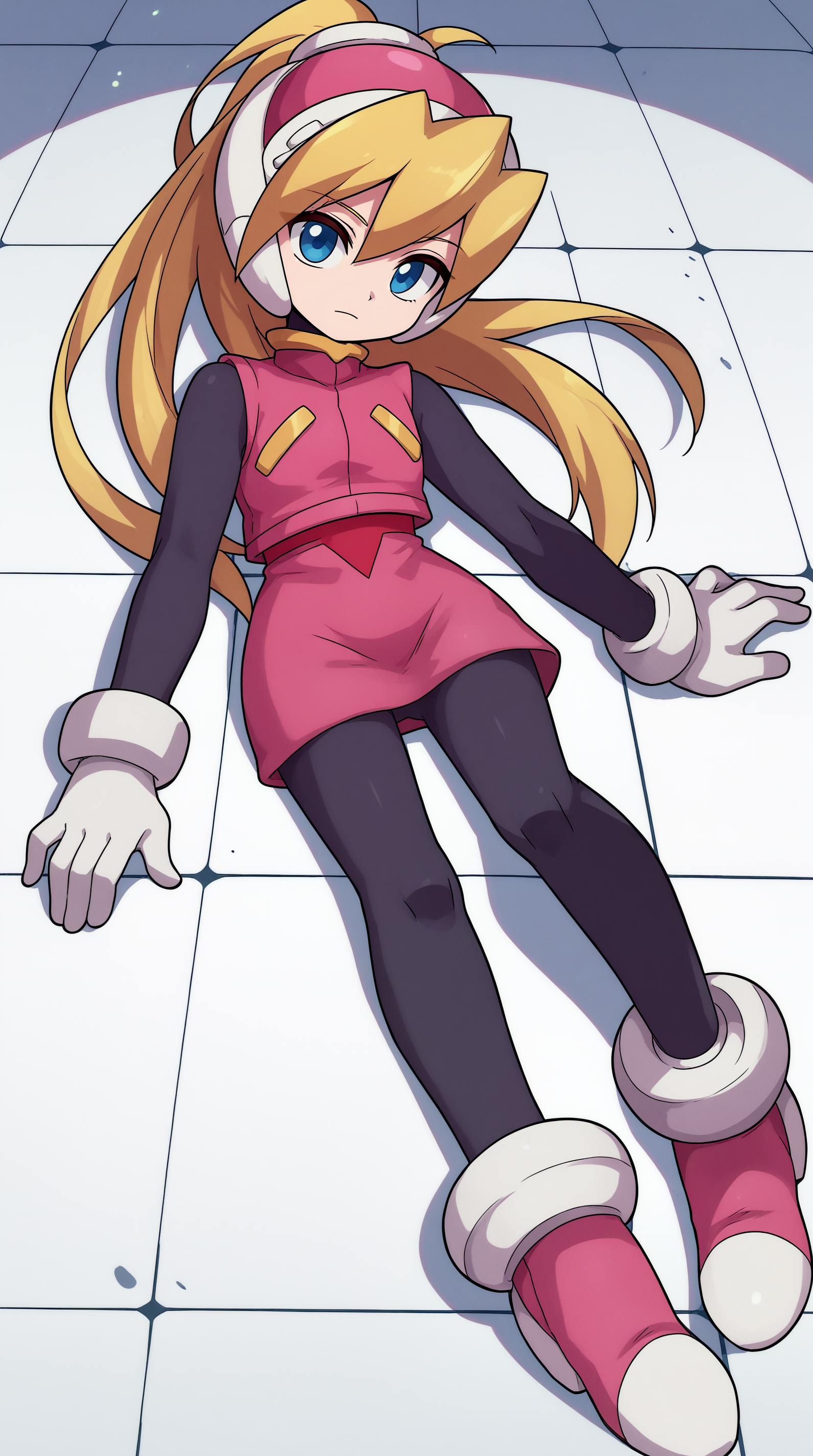 score_9, score_8_up, score_7_up,anime_source, source_anime, best background, detailed background, anime screencap, 4k, upscaled,  Ciel Megaman, Main Outfit, solo, looking at viewer, simple background, white background, closed mouth, full body, lying down, floor, indoors, soft particles, flowers,  <lora:JN_Ciel_Megaman_Pony:0.8>