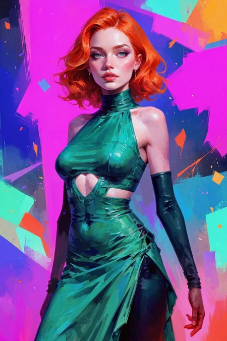 <lora:flux-lora:0.5>,<lora:A_Dismal_Style:0.6>,<lora:Test_OS:0.6>,A high-fashion portrait of a woman with fiery red hair styled in voluminous waves. She wears an avant-garde emerald gown with asymmetrical cuts and dramatic textures. The background is a vibrant fusion of abstract neon shapes,creating a dynamic contrast to her poised and commanding presence,