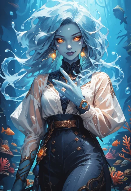 ((zPDXL3)), (score_9), (score_8_up, score_7_up), knva, (blue skin), (all blue skin), (blue complexion), (blue hands, blue arms, blue skin, blue ears), L0LSPL4SH, year2024, year2023, West Studio, sixmorevodka, g0thicPXL, glowing, neon, HD Eyes, masterpiece, best quality, highly detailed, intricate details, extremely detailed, smooth lines, masterpiece, no text, quality highlights, 8k detail, detailed background, (((pastel colors, high contrast,expressiveh,)))
...
1woman, solo, (((watergenasi, pointed ears, floating hair, liquid hair, wet clothes, webbed fingers))), (((blue skin, bioluminescent freckles))), ((bioluminescent skin)), (((liquid hair))), ((orange eyes, bright eyes)), glowing eyes:.4, (((blue skin))), adult, mature, ((uneven bob hairstyle, chin-length hair, liquid hair)), ((chin-length hair)), (standing, sexy pose), (white silk dress, belt, boots), (perky breasts, slender figure, cute butt), ((sly smile)), ((holding trident, 1 trident)), ((dynamic pose)), ((full body)), ((action pose)), (surrounded with a school of fish, framed by fish),
...
(Underwater Background, Dappled Sunlight on Water Surface, Fish, Coral, Reef, Gilded Frame, colourful, bioluminescent jellyfish, detailed background, artistic and intricate background)
...
<lora:detail-tweaker-XL:2>,