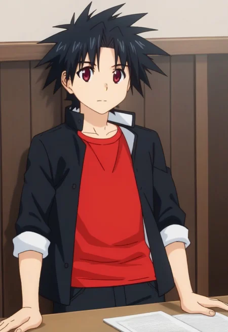 ((masterpiece)), ((best quality)), ((ultra-detailed)), ((absurdres)), score_9_up, score_8_up, score_7_up,
HD, top quality, best quality, amazing quality, High-quality illustrations, anime screencap, source_anime, best aesthetic, perfect proportions, perfect eyes, 1boy, 1male, solo boy, solo male, male focus, solo male focus, Anime, boy, male anime character, anime boy, handsome, attractive, cute, charming, sexy, hot, ((short, shirt body, short height)), ((slim body, slender body, thin body)), ((front view, front view, front shot, facing front, looking at viewer)), ((cowboy shot, head to hips shot)), Touta Konoe, black hair, spiky hair, red eyes, black coat, red shirt, rolled sleeves, black pants, updn, easynegative, neghands, Expressiveh, ((school cafeteria background))