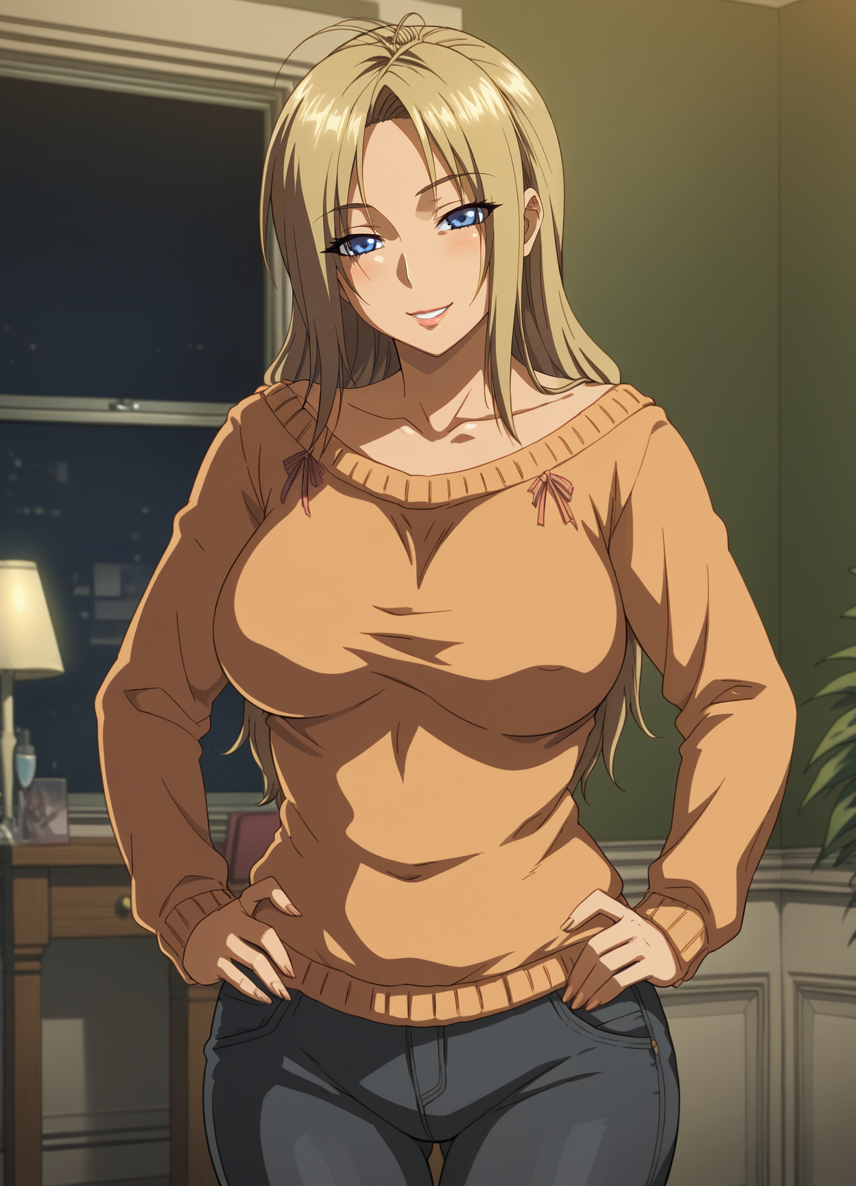 <lora:Akiko-sisters:0.8>,mm,mature female,1girl,solo,blonde hair,large breasts,long hair,blue eyes,sweater,pants,cowboy shot,hands on own hips,indoors,looking at viewer,smile,