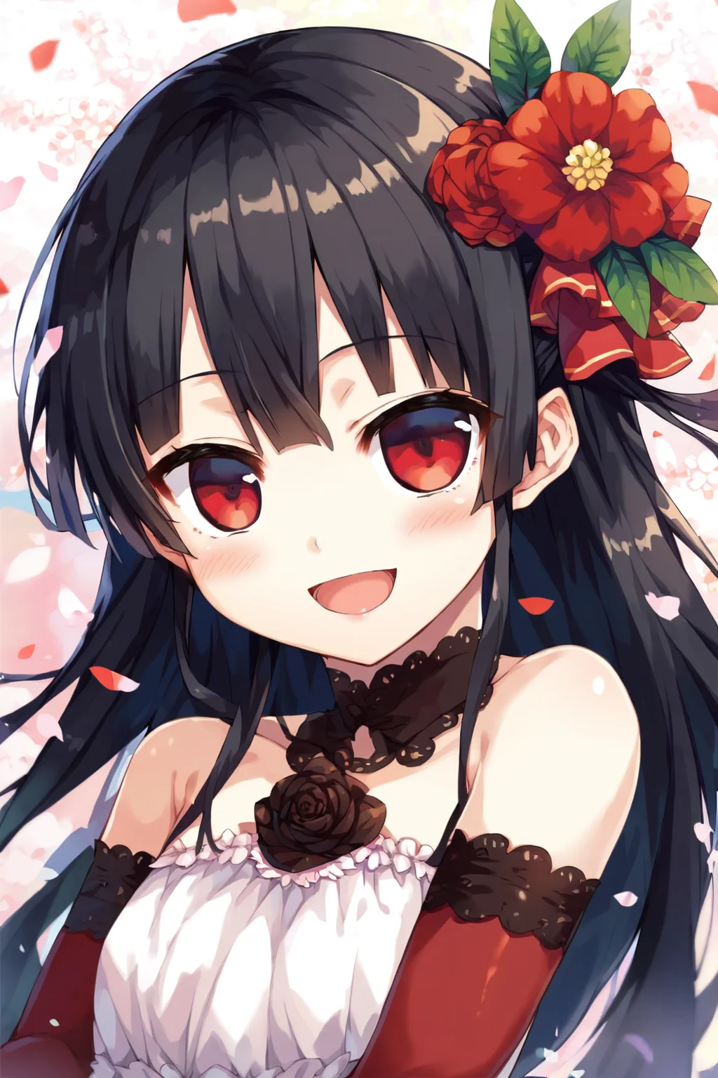 core_9,score_8_up,uncensored,1girl,<lora:CURA_pony_V2:0.9>,hachiroku,1girl,solo,flower,long hair,smile,open mouth,red eyes,hair ornament,blush,looking at viewer,black hair,dress,:d,holding,upper body,hair flower,collarbone,bangs,bare shoulders,flat chest,