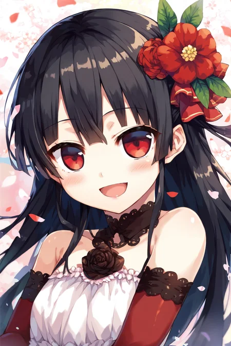core_9,score_8_up,uncensored,1girl,<lora:CURA_pony_V2:0.9>,hachiroku,1girl,solo,flower,long hair,smile,open mouth,red eyes,hair ornament,blush,looking at viewer,black hair,dress,:d,holding,upper body,hair flower,collarbone,bangs,bare shoulders,flat chest,