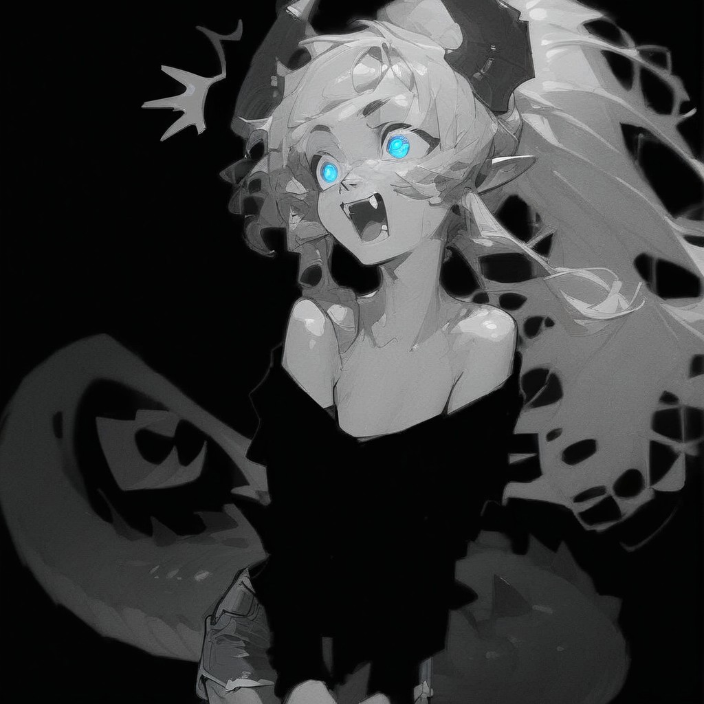 (Blend_in, black background), score_9, score_8_up, score_7_up, masterpiece, best quality, absurdres, highly detailed, monochrome, greyscale, spot color, 1girl, Lynn Pink, blue eyes, ponytail, tail, horns, pointy ears, fangs, (((adult))), small breasts, denim shorts, simple shirt, long sleeves, off shoulder, no bra, happy, (^^, :D:1.5)
