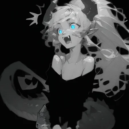 (Blend_in, black background), score_9, score_8_up, score_7_up, masterpiece, best quality, absurdres, highly detailed, monochrome, greyscale, spot color, 1girl, Lynn Pink, blue eyes, ponytail, tail, horns, pointy ears, fangs, (((adult))), small breasts, denim shorts, simple shirt, long sleeves, off shoulder, no bra, happy, (^^, :D:1.5)