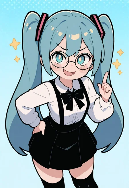 high detail, Smooth, detailed, masterpiece, masterwork, super cute style, 1girl, solo, <Hatsune Miku>, solo, looking at viewer, <smirk>, open mouth, <rounded eyewear>, <school uniform>, white blouse, <black bowtie>, <black skirt>, <suspender skirt>, black over-kneehighs, <hand on own hip>, <pointing up>, <standing>, <sparkles>, <from above>, <cowboy shot>, light blue background, <polka dot background>, sticker style, Cute_Rem, thick lines, cute, adorable,