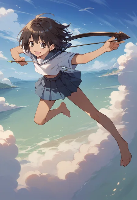 score_9, score_8_up, score_7_up, best quality, masterpiece, source_anime, zPDXL2, BREAK , 1girl, solo,  sekiuchi maria tarou, serafuku, barefoot ,dark skin,  Pretending to pull back a bow and arrow ,   <lora:sekiuchi_maria_tarou:1>