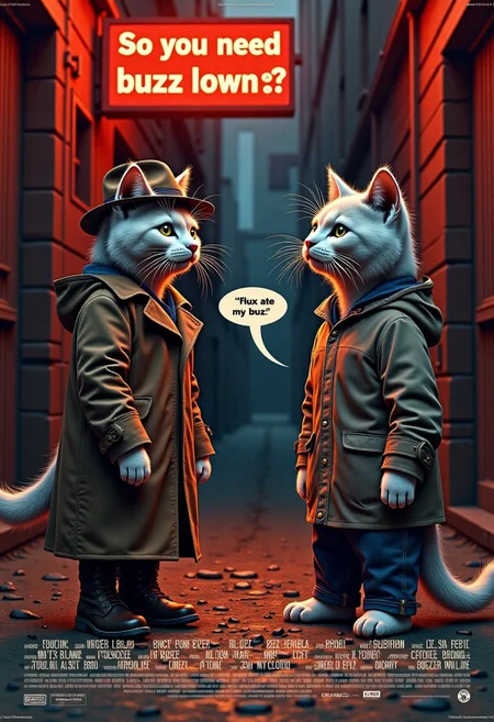 a realistic picture, 2 cats have conversations , ((cute white cat wearing trench coat,a boot, an mafia hats, standing in dark alley, he on speech bubble, he shouts "⚡️so you need buzz loan for flux?")) (the other cats wearing a hoodie with jeans an shoes , he is begging to the white cats, he on speech bubble, he shouts "⚡️flux ate my buzz") ,The neon signs glow warmly in far away reads "buzz depleted, ", creating a nostalgic atmosphere (dynamic lighting:1,0), background, ruined market after war at night , rainy, in midlle eastern country ,(intricate details,naturalism,hyperdetailed,hyperrealistic:1.55)
mvpstrCE style
((((Display the text "you need buzz loan?!" on a movie poster)))). no human