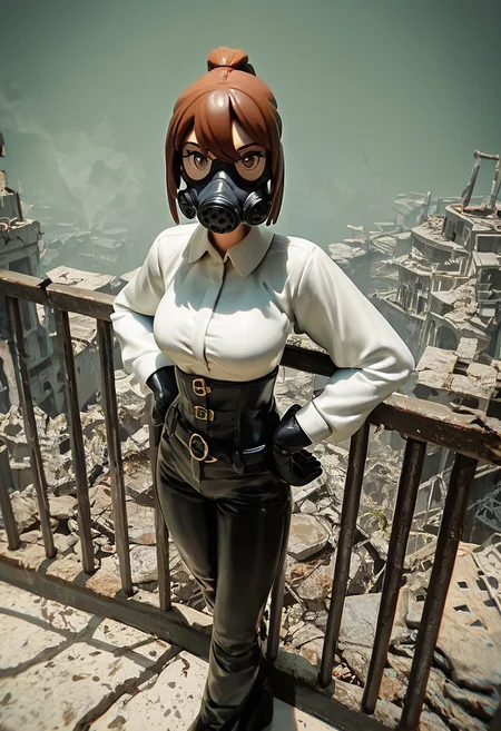 score_9, score_8_up, score_7_up, score_6_up,  figure,
Girl wearing Gas mask, holding equipment, brown ponytail, white shirt, black suit, black pants, gloves, heavy green fog, smoke, railing, rubble, ruins, lit from front, hands on hips,
Looking at viewer, from above,