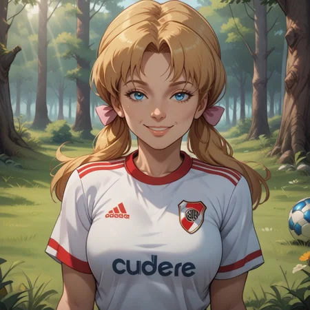 score_9, score_8, BREAK, solo, Kim Cherrywood, 1girl, blue eyes, blonde pigtails, RiverPlate, striped shirt, striped, shirt, white shirt, short sleeves, clothes writing, sportswear, soccer uniform, pink bows, adult female, mature female, breasts, sexy pose, self portrait, smile, outdoors, sunlight, shadows, evening lighting, natural lighting, forest, trees, grass, orange sky, sunset