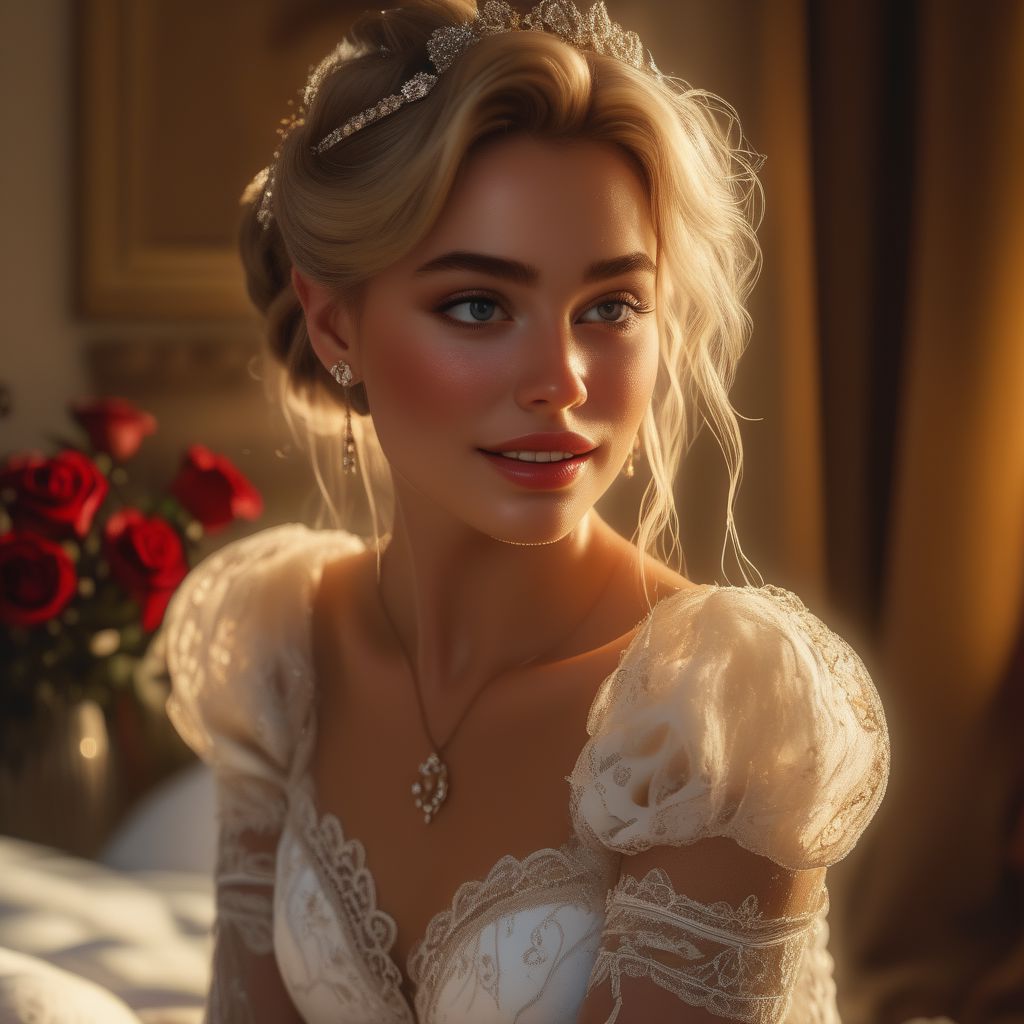 realistic, stunningly realistic, trending on artstation, lights and shadows, extreme closeup on eyes, (winking at the viewer:1.2), upper teeth,  Rapunzel wearing a wedding dress, revealing cleavage, very seductive, detailed dress with lace and veil, wearing white stockings, fancy hair do, jewelry, bridal makeup, sexy look in the face, dynamic pose, posing gracefully on side on a soft bed, amond messy silk sheets, lace neck ornament, undressing one straple, on top of bed adorned with red roses, (masterpiece), best quality, highres, 4k, 8k, intricate detail, cinematic lighting, amazing quality, amazing shading, soft lighting, 35mm, analog style, a realistic photo, film grain, (photorealistic:0.6), taken by a canon eos r5, ultra detailed skin, ultra detailed face, perfect eye, small skin imperfections, 1girl, Updo, large boobs, Stocky body, half-closed blue eye, blonde white hair, chromatic aberration, colorful, bright colors,
