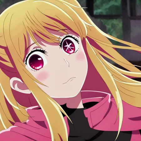 (ruby_hoshino, blonde hair, bangs, 1girl,  pink eyes, long hair, looking at viewer, red eyes, streaked hair,hair between eyes)