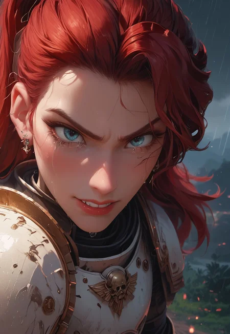 1girl, solo, 24 year old woman, large build, running:1.4, beautiful, long hair, dark red hair, freckles:1.4, face uplifted:1.6, looking up, looking at the sky, earrings, (fierce) grin:1.5, crying:1.5, teeth clenched:1.4, angry smile:1.5, wide hips, knight armor:1.5, heavy armor, gauntlets, greaves, bright blue eyes, rain falling on her face:1.5, tan skin, tears on chin, tears on cheeks, action pose:1.3,

dusk, after battle, muddy field, some grass, fallen soldiers around her:1.4, storming, dark gray sky, dark sky:1.4, streaming banners, battlefield, intense rain:1.3, dreary, raining, overcast, mountains and hills in the background,

score_9, score_8_up, score_8, masterpiece, best quality, official art, extremely detailed, CG unity 8k wallpaper, absurdres, high definition, photorealism:1.5, detailed shading, high contrast, ambient occlusion, vivid colors:1.5, saturated colors:1.6, 

dynamic angle:1.3, cowboy shot:1.6, cinematic, from above:1.3,

expressiveh, whites40k, tears, 