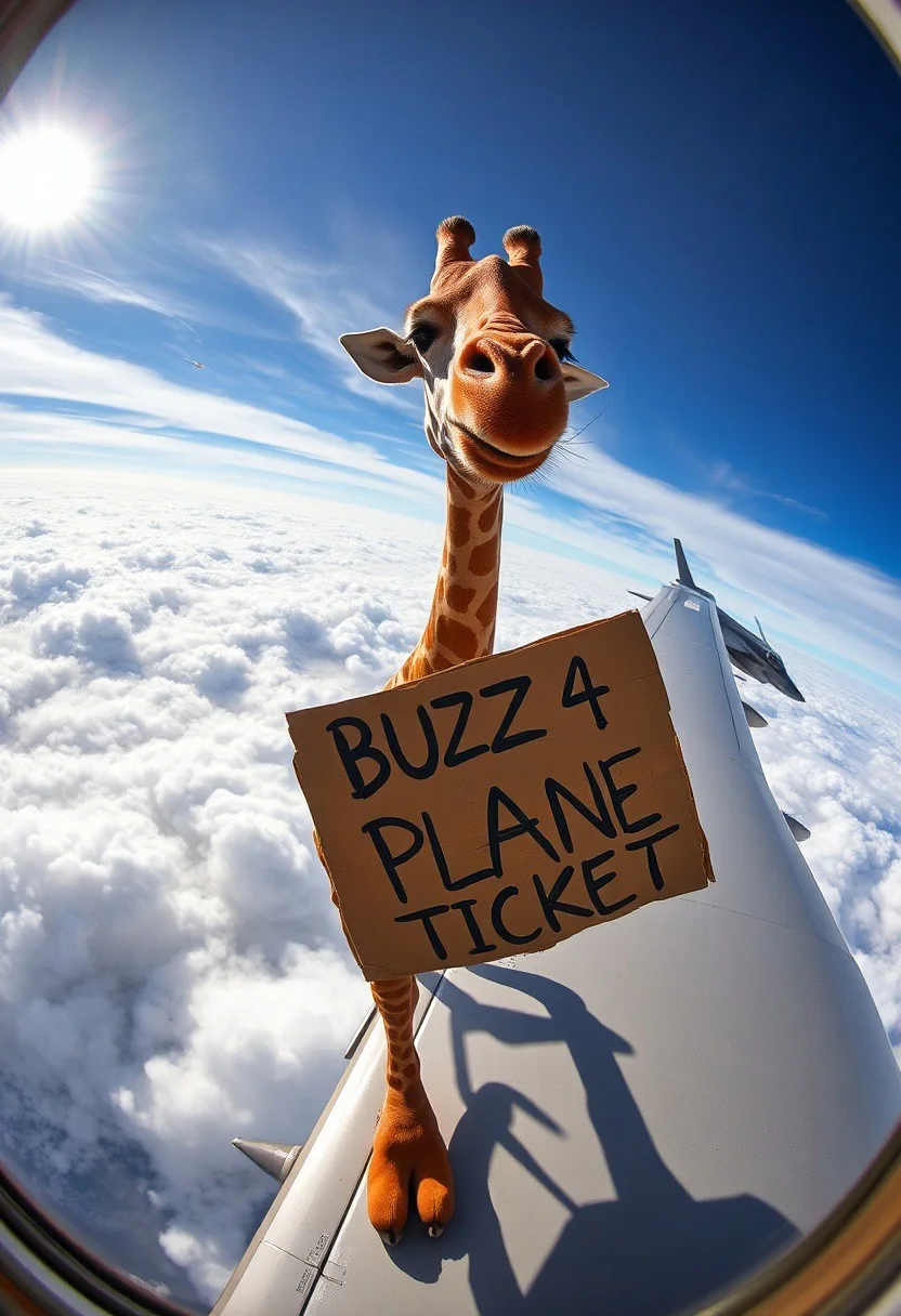 “A giraffe jogging on the wing of an Airbus, its impossibly long legs flexing against the rush of the wind, while it stares directly at the viewer through the cabin window. Its face is twisted into a creepy clown smile, with ruffled fur adding to its unsettling presence. A cheap GoPro camera captures the bizarre scene using a hyper fisheye lens, distorting the wide-angle view as the plane cruises above the clouds. Sunlight glints off the Airbus’s metallic surface, while passengers visible through the window react in sheer terror. Clutched in one of the giraffe’s legs is a rotten, tattered cardboard sign that reads ‘BUZZ 4 PLANE TiCKET,’ with letters scrawled haphazardly and barely holding together in the wind.
In the background, an F-35 fighter jet drifts ominously among the clouds, its sleek form juxtaposed against the absurd chaos unfolding on the Airbus wing. The entire scene teeters between surreal comedy and unsettling horror, amplified by the eerie smile of the giraffe and the decayed sign fluttering in the gale.”