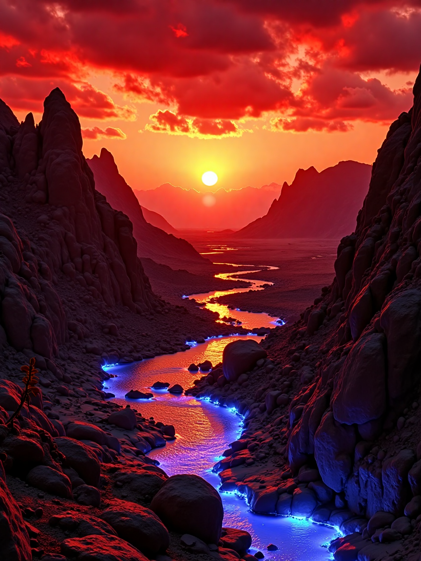 iPhone photo, Alien landscape, rugged terrain with jagged, dark rock formations, bright red and orange sky, two suns low on the horizon, glowing rivers of liquid reflecting the fiery sky. Strange, twisted plants, massive distant mountain range, glowing blue crystals embedded in the rocks, eerie and otherworldly atmosphere, harsh but beautiful, alien world.