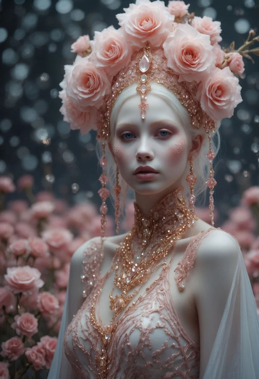 Real sharp photo, Black, pink, fuchsia, red portrait of a gorgeous sexy princess, pole dancer, snowing, snowflakes in the air, white milky makeup, ethnic dress with floral gowns, hair ornament made of blooming flowers, crystals, blurry background, tiara, earrings, facing the viewer stands amidst snowflakes, rose gold minerals, shiny aura, highly detailed, frozen organically grown crystals, gold and pearl filigree, intricate motifs, organic tracery, Kirnan Shipka, Januz Miralles, Hikari Shimoda, glowing stardust by W. Zelme. A mesmerizingly enchanting scene unfolds in this cinematic film still. The image, likely a photograph, is highly detailed, realistic, and dreamlike. The woman radiates a magical quality, in the lush, vibrant field surrounding her. The overall effect is breathtaking and truly captivating, inviting viewers to lose themselves in the allure of this enchanting moment.