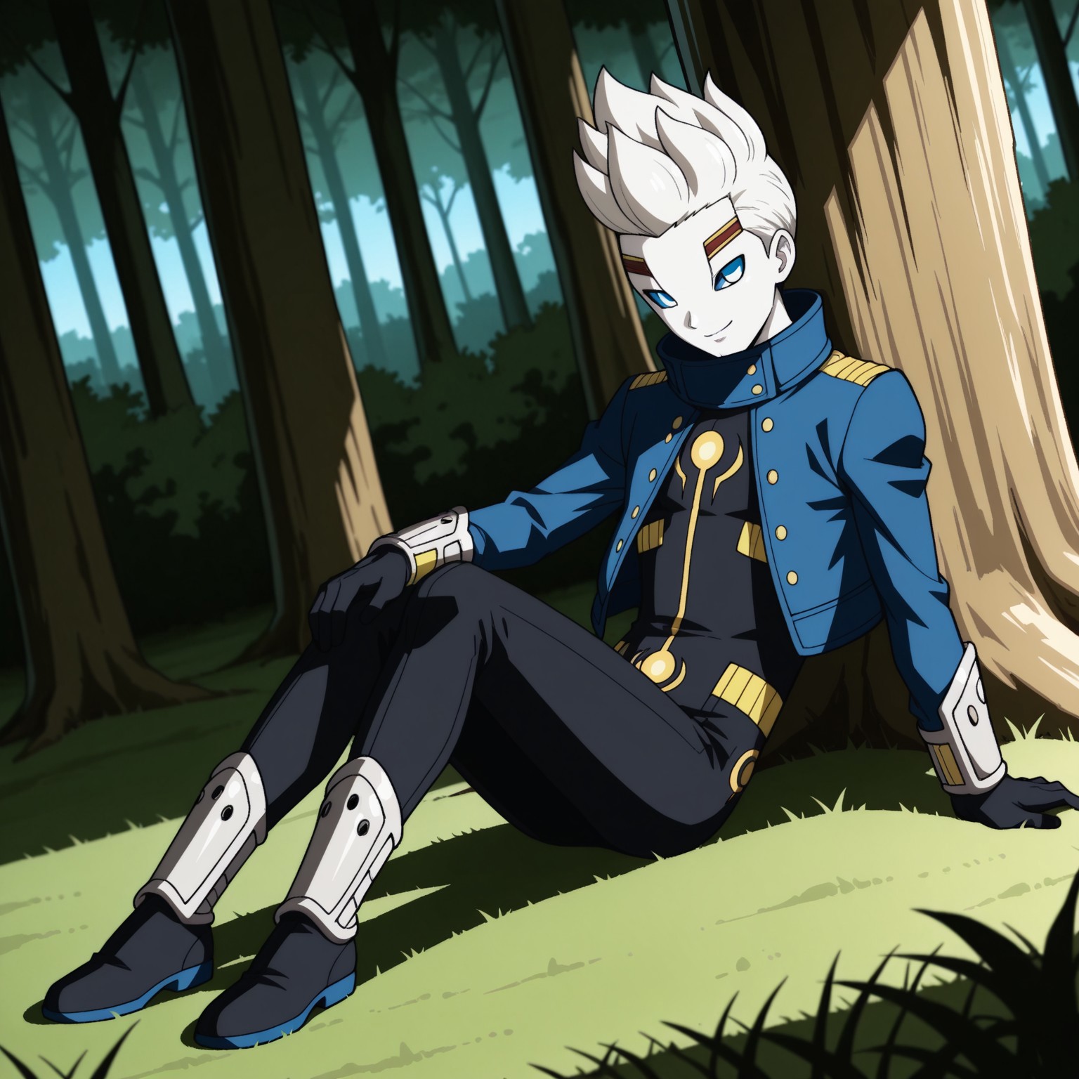 2d, 1boy, solo, Oren, male, humanoid, white spiky hair, white skin, white pupils, blue sclera, blue cropped jacket, black and yellow bodysuit, long sleeves, gray wristbands, gray legbands, yellow buttons

BREAK full body, outside, forest, sitting, against tree, smile, looking at viewer, morning

BREAK best quality, amazing quality, very aesthetic, absurdres, newest, masterpiece 
