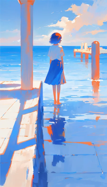 The image showcases a serene coastal setting with a solitary figure standing on a pier. The person is wearing a white shirt and a blue skirt,and their short hair is bobbed. They are facing away from the viewer,looking out over the vast blue ocean. The sky is partly cloudy,and the overall color palette is dominated by blues,whites,and soft oranges. The sun casts a gentle glow,highlighting the water's reflections and the pier's details..,<lora:ãµããã-000060:1>,, masterpiece, best quality,