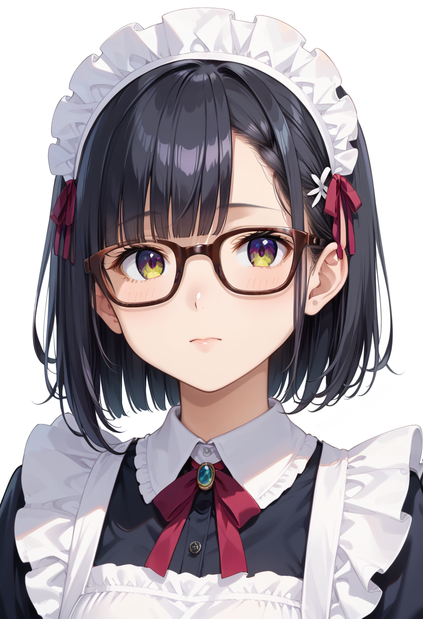 score_9, score_8_up, score_7_up, rating_safe, masterpiece, best quality, absurdres, unity 8k wallpaper, official art, official style, source_anime, uncensored, game cg, megami magazine,
1girl, solo, black hair, medium hair, upper body, covered eyes,maid, maid headdress, black dress, maid apron, face focus,
Wellington22A, glasses, white background, simple background, brown-framed eyewear
 <lora:glasses_Wellington22A1_PONY_V1:1>