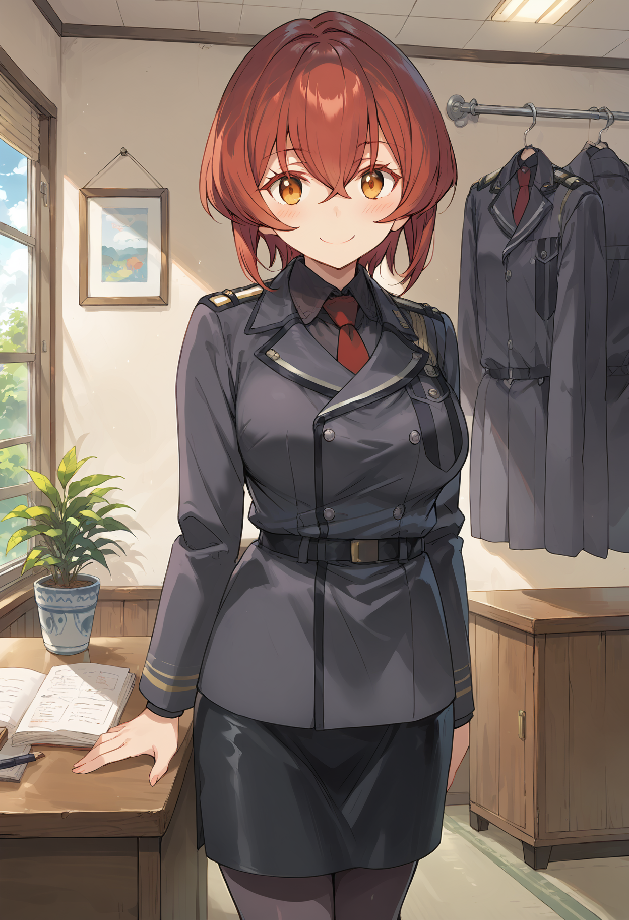score_9, score_8_up, score_7_up, score_6_up, score_ANIME, 1girl, , kurenakukumila, 1girl, solo, red hair, smile, military uniform, short hair, , looking at viewer, red necktie, brown eyelashes, black blazer, sidelocks, long sleeves, black pantyhose, hair between eyes, black pencil skirt, , belt, cowboy shot, collared shirt,, orange eyes, blush, Dining room, large breasts, <lora:corena_ponyV2:1>