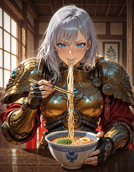 masterpiece, best quality,high quality, newest, highres,8K,HDR,absurdres, 1girl, solo, iLLCustodes40k, happy, cute, blue eyes, silver hair, golden armor, seated at a rustic wooden table, eating ramen, holding chopsticks, japanese tavern,
, intense lighting, detailed background, depth of field, dynamic composition <lora:iLLMythM4gicalL1nes:0.8> M4gicalL1nes <lora:iLLCustodes40k:1>