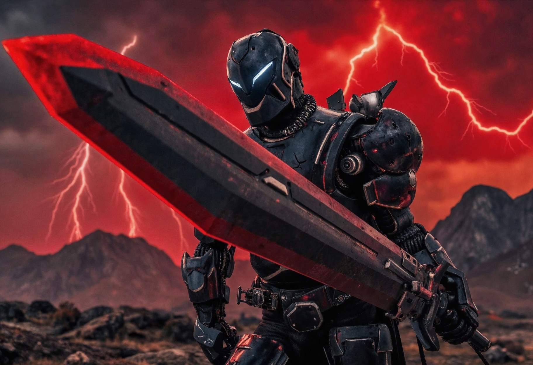 Sci-fi photography depicting a mechanical knight, holding a large luminous greatsword in his hand. He is wearing black armor with silver accented machinery parts exposed in between the massive plates that make the outer hull of his exoskeleton. He is standing on a rocky terrain with mountains in the background. The sky is ominously crimson in color and lightning can be seen within the clouds, there is a hint of blood in the air. The knight is in a dynamic pose with his greatsword raised, looking forward to the dangers lying ahead. The overall mood of the image is intense and powerful.